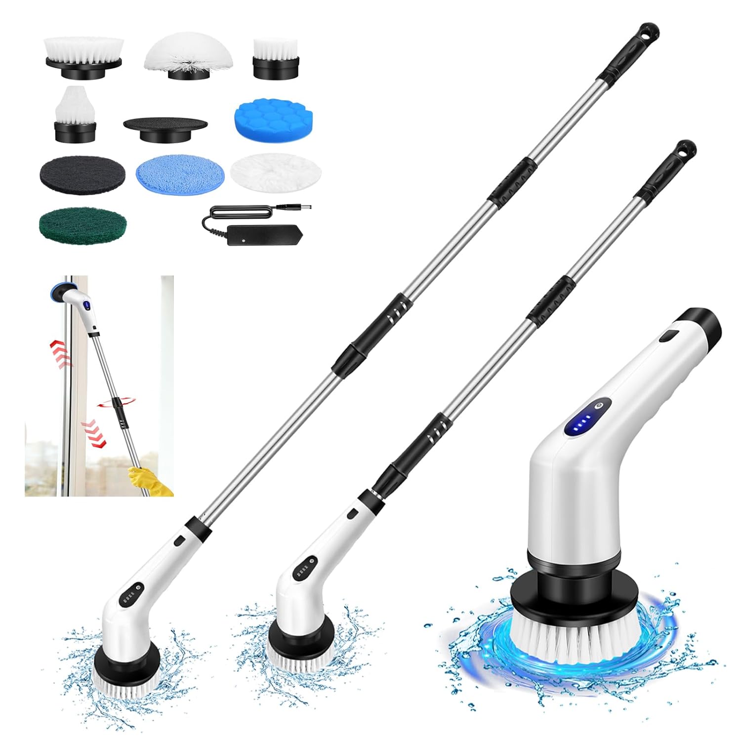 Electric Spin Scrubber Shower Scrubber Cordless Bath Tub Power Scrubber with Long Handle 10 Brush Heads Cordless Cleaning