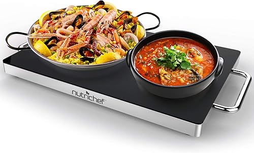 NutriChef Calentador eléctrico de platos con tapa de vidrio negro  Ideal para el hogar, bufés, fiestas, cocinas y restaurantes  Bandeja de