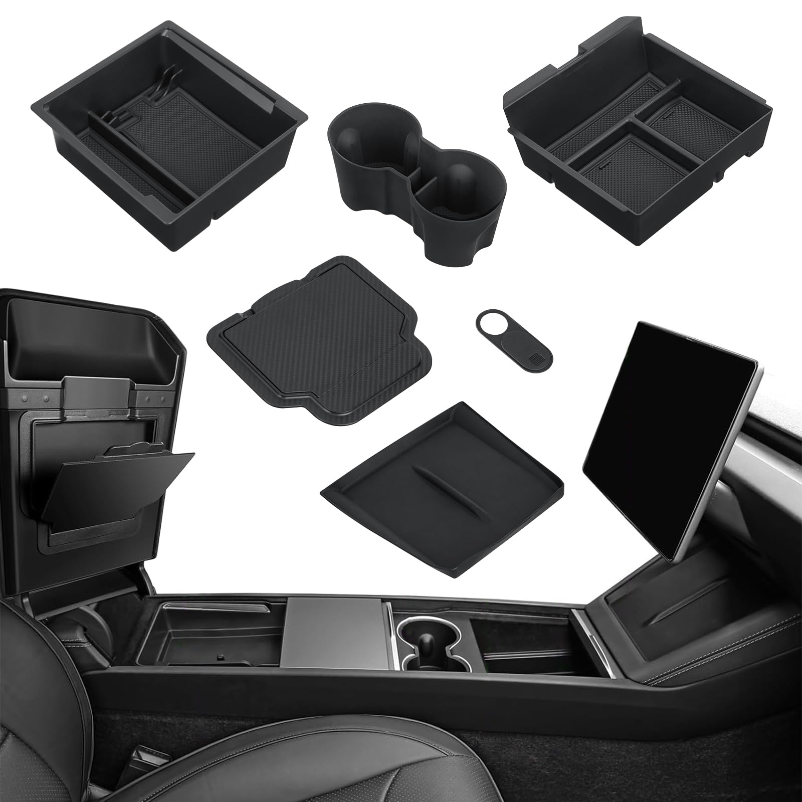 6 Pcs Center Console Organizer Tray for Tesla Model 3 Highland 2024, 2025, Armrest Hidden Drawer Storage Box Cup Holder, Slide Smoothly, Tesla Model 3 Accessories 2024/2025 (6pcs, Black)