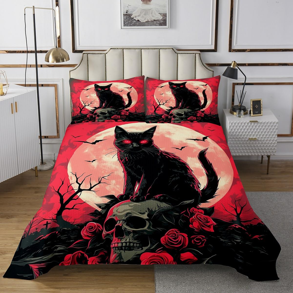 Manfei Cat Bedspread Twin Size, Gothic Skull Rose Flower Coverlet Set, Halloween Theme Quilted Coverlet with 1 Pillowcase, Kids Boys Teens Room Decor, Soft Polyester Bedding Quilt