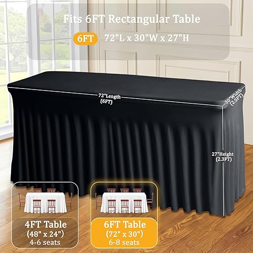 Miniatura 3 de JCJ Faldón de mesa para mesas rectangulares, manteles negros ajustados de elastano para mesas de 6 pies, resistentes a las arrugas, faldas elásticas