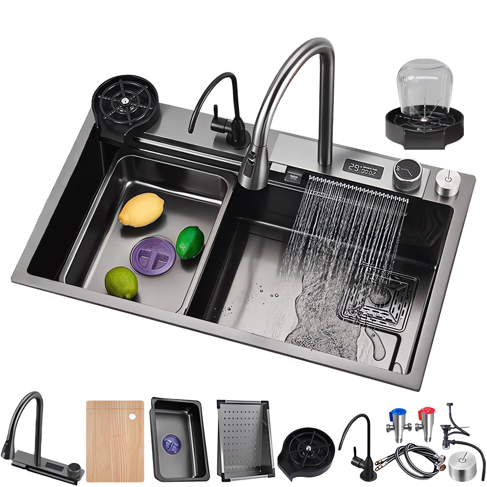 Moderno fregadero de cocina de acero inoxidable de 85 x 45 cm, lavabo individual multifuncional, elegante diseño negro gris, fácil de limpiar, ideal para cocinas domésticas y restaurantes