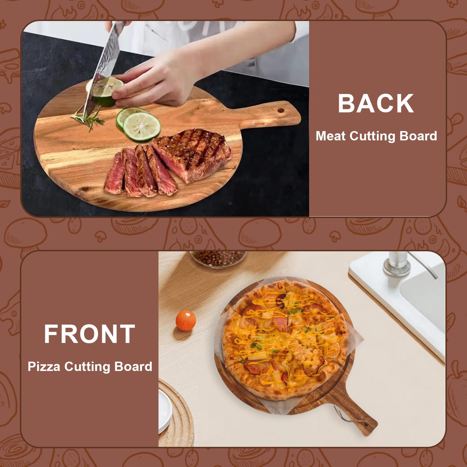 Rundes Schneidebrett mit Griff, Pizza-Holzkohlebretter, Akazienholz, Servierbrett für Küche, Käse, Obst, Brot und Fleisch, 6 Stück (34,9 x 25,4 x 1,5 cm)