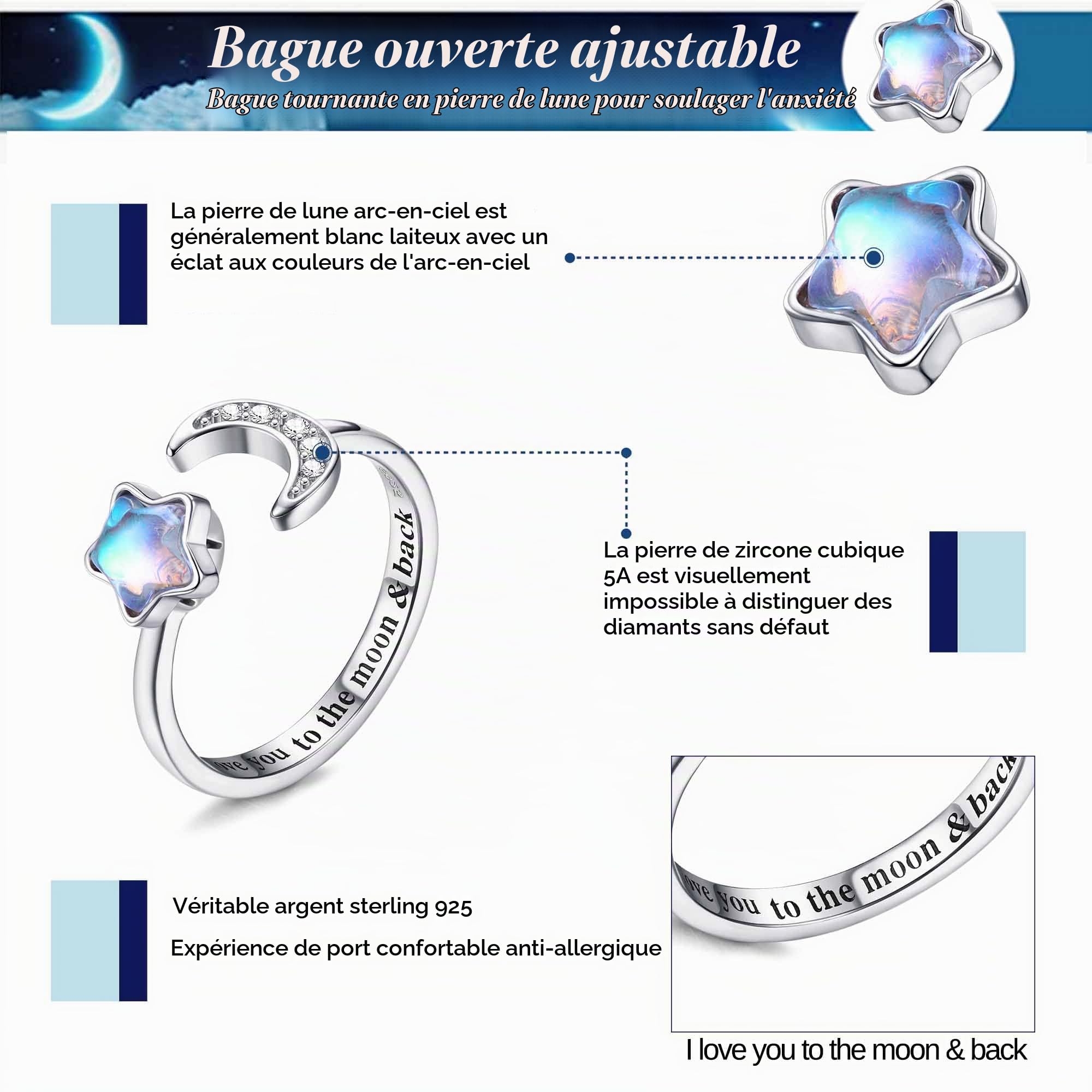 MILACOLATO Bague Anti Stress Pour Femme Fille En Argent Sterling 925 Ouvert Réglable Pierre De Lune Anxiété Anneaux CZ Lune Étoile Spinner Bague Lettrage Promise Fidget Bague Avec Coffret Cadeau
