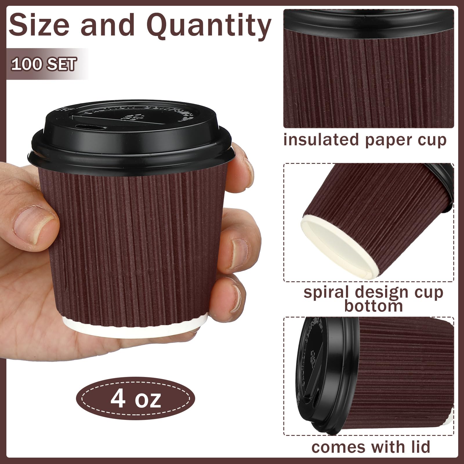 Uiifan Lot de 100 tasses à expresso jetables en papier ondulé avec couvercles, 118 ml, gobelets à café isothermes pour boissons chaudes au chocolat chaud, thé et cacao (café)