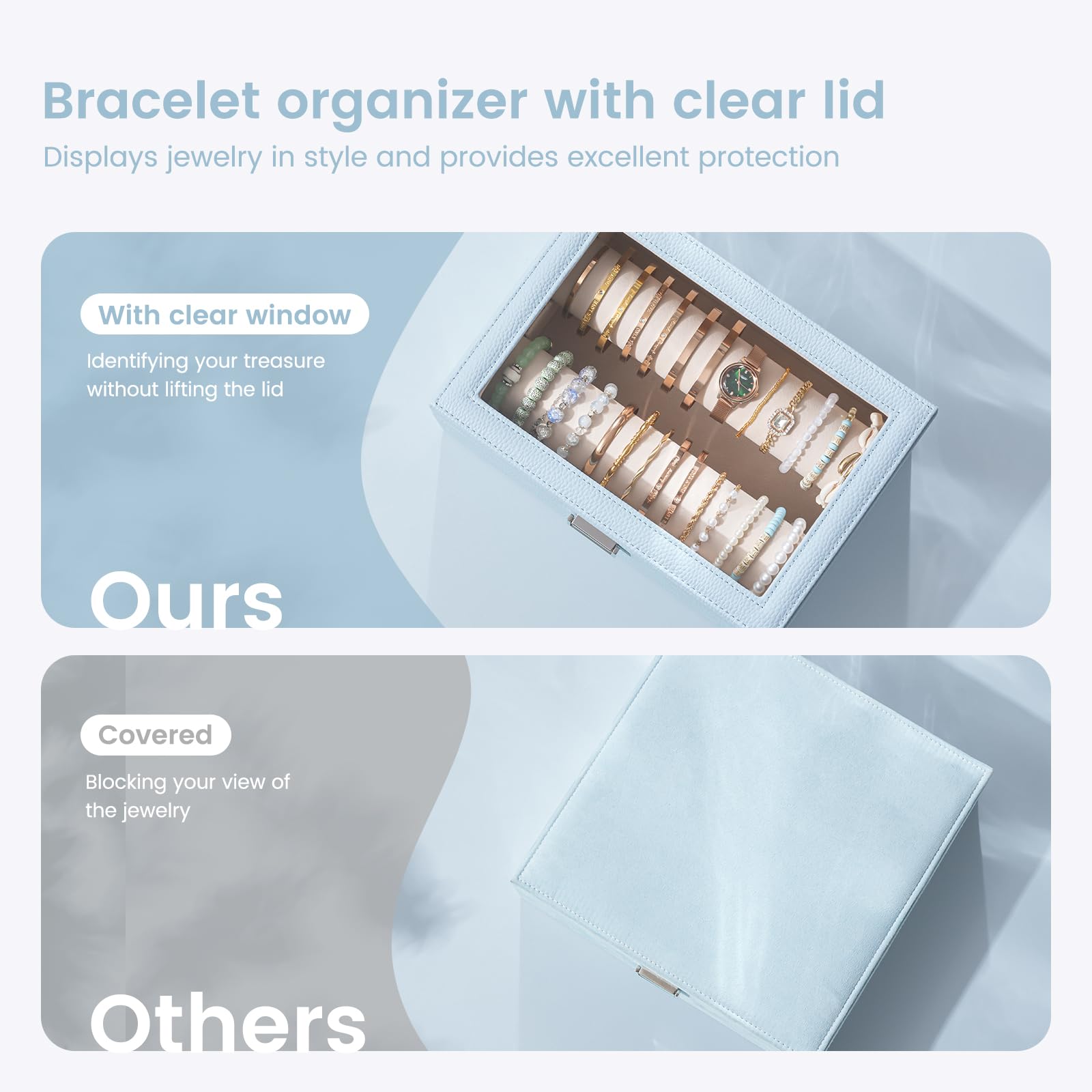 Lolalet Organizador de Joyería para Pulseras y Relojes con Barra, Caja de Almacenaje Transparente - Azul