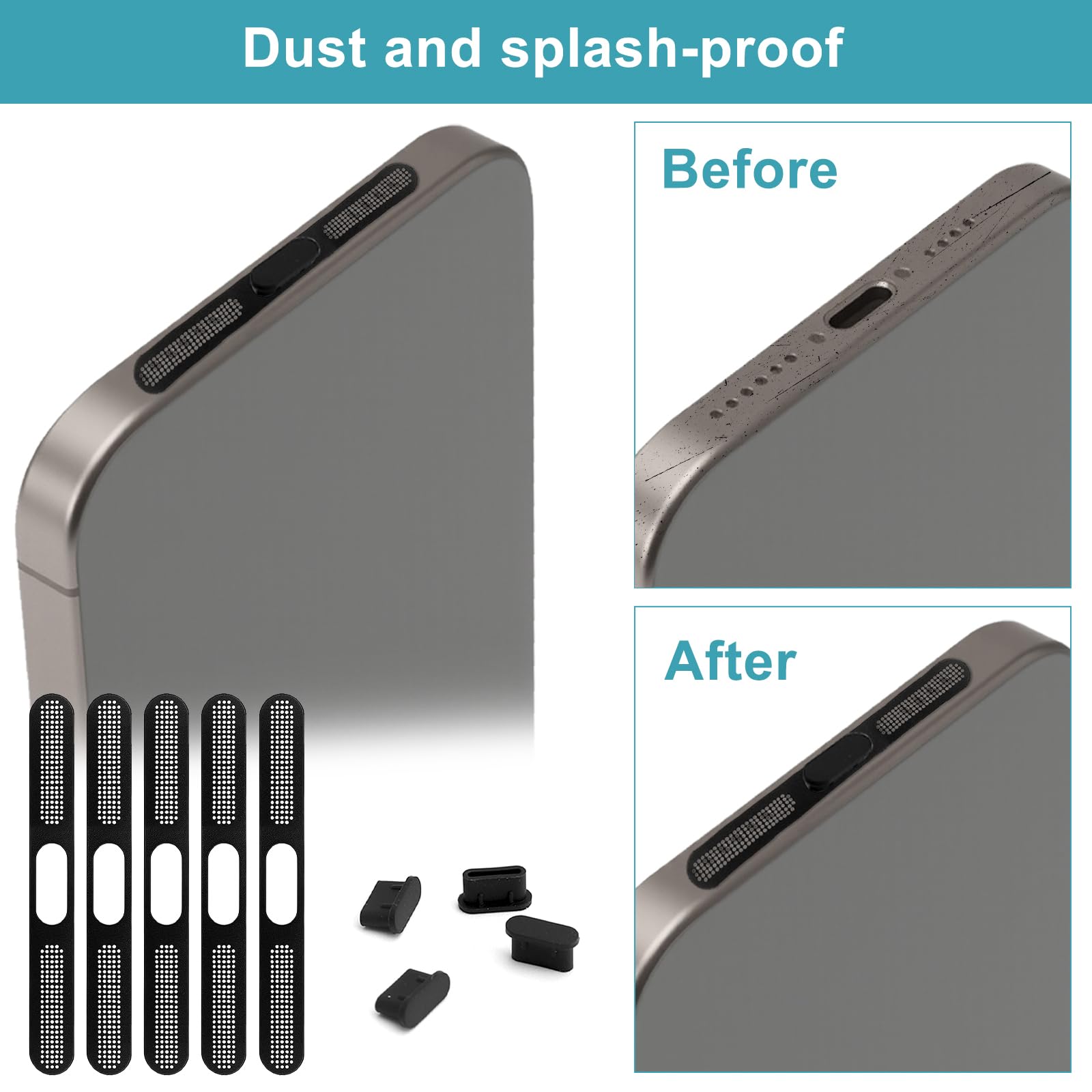 Zestaw do ochrony przed kurzem USB-C do iPhone 15/16 serii 5 x USB-C wtyczka przeciwpyłowa i 5 x głośnik, ochrona przed kurzem wysokiej jakości silikon i metalowa siatka, pełna ochrona portów