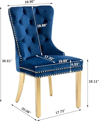 Miniatura 10 de KCC Juego de 2 sillas de comedor tapizadas de terciopelo, modernas sillas capitoné con botones con anillo de cabeza de león y patas de acero