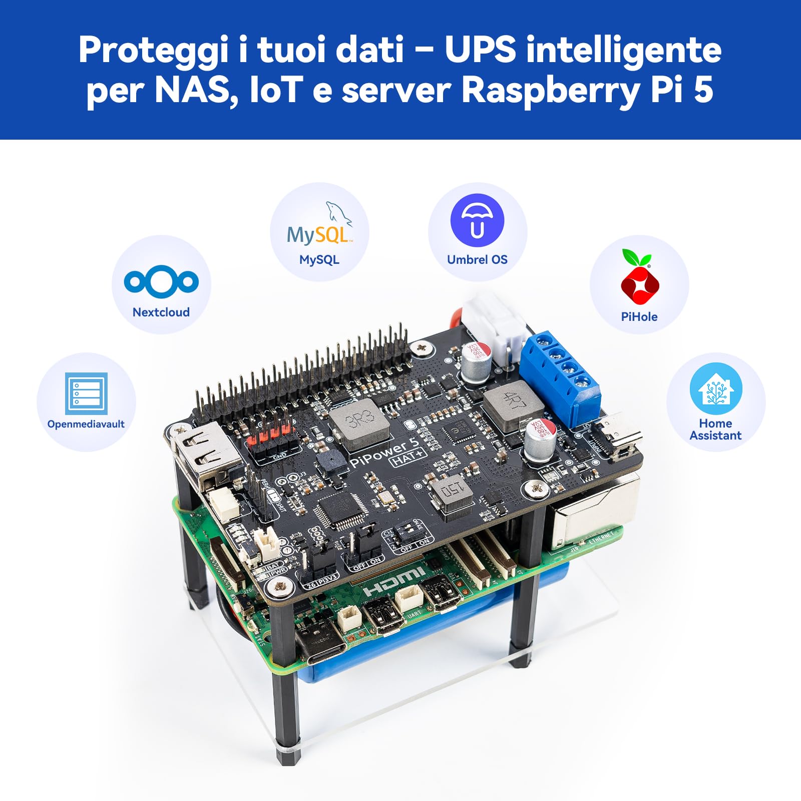 SunFounder PiPower 5 Alimentatore UPS HAT 5V/5A per Raspberry Pi 5/4B/3B+/Zero 2 W/Arduino/Pironman 5/Max/Mini, batteria ricaricabile, spegnimento sicuro, dashboard intelligente