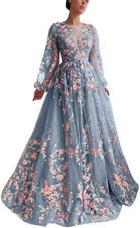 Long Prom Dress for Women Formal Floral Gowns with Puffy Sleeves Long Embroidery Tulle Evening Dress CH604