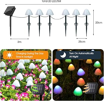20 LED Solar Mushroom Garden Lights for Outside, 5M/16.4 Ft Solar Pathway Lights Outdoor Waterproof for Fence Outdoor Pathway Garden Lawn Party Christmas Decor [Energy Class A+++]