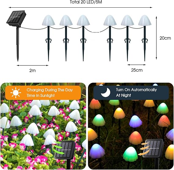 20 LED Solar Mushroom Garden Lights for Outside, 5M/16.4 Ft Solar Pathway Lights Outdoor Waterproof for Fence Outdoor Pathway Garden Lawn Party Christmas Decor [Energy Class A+++]