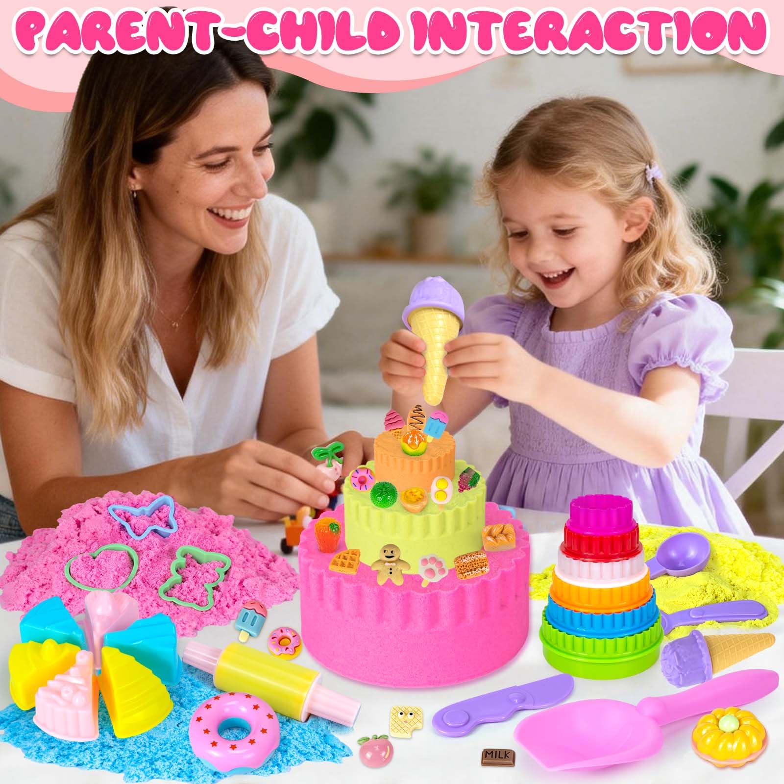 YongnKids Ice Cream Sensory Bin Girl Kid, Play Sand Art Kit with 2.2lb Color Sands, 56 pcs Cake Molds Tools Sensory Toys, Christmas Birthday Gift Toy for Girls Toddler 3 4 5 6 7 8