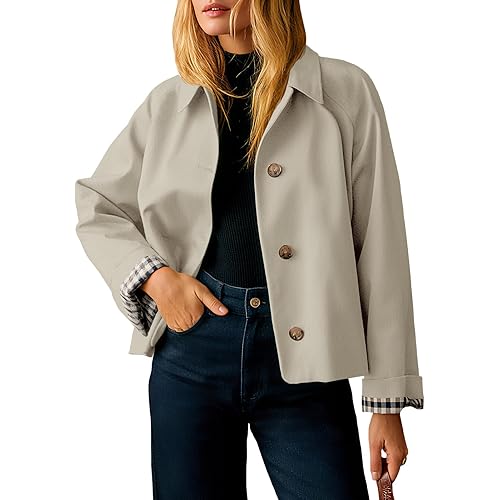 Tankaneo Womens Cropped Trench Coat Lightweight Single Breasted Jacket Fall Windbreaker Fashion Outerwear
