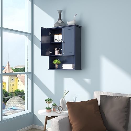 Miniatura 6 de Armario de pared para baño, color azul marino, armarios de almacenamiento sobre inodoro de 24 x 30 pulgadas, armarios de madera para medicamentos