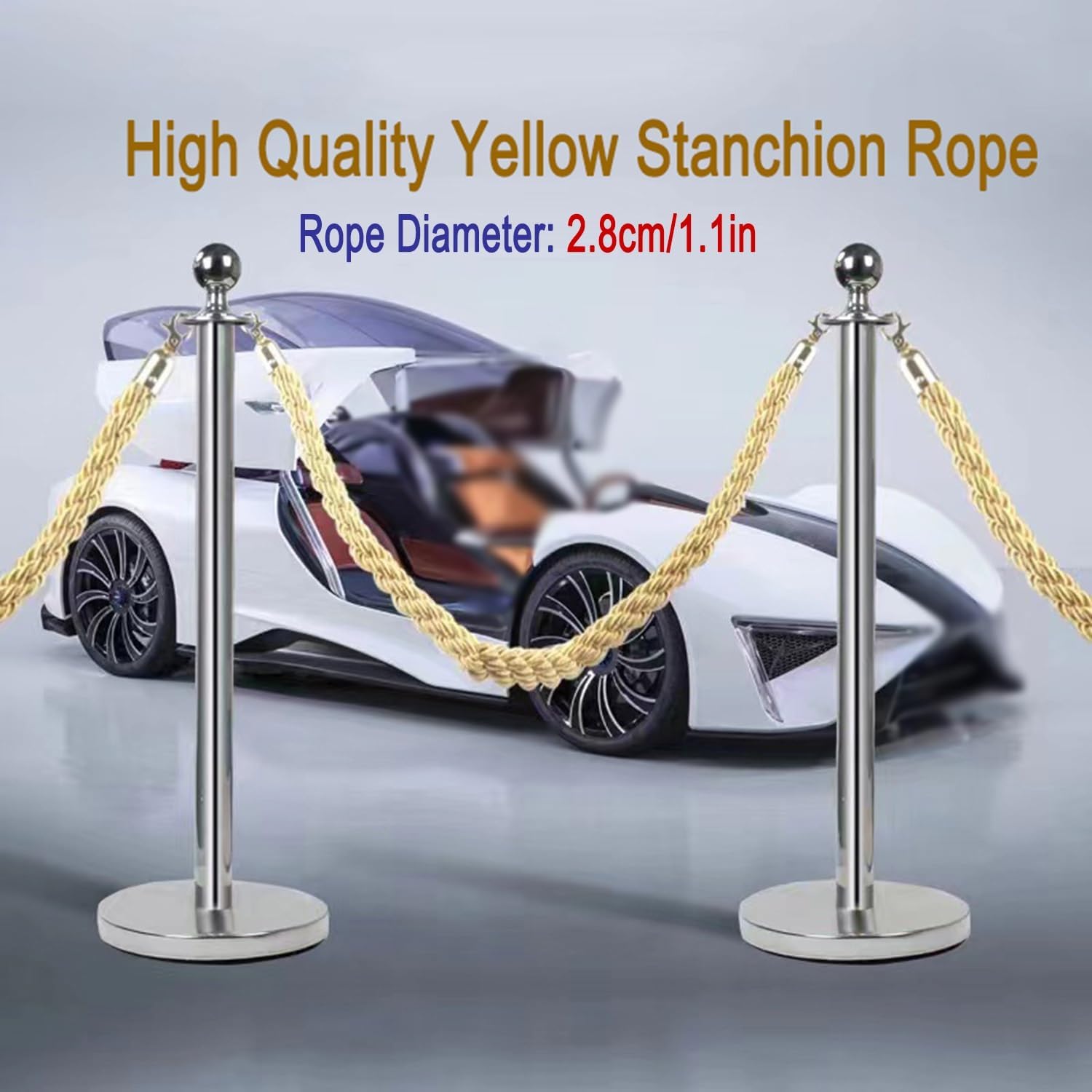 Crowd Control Rope Barrier for Queue Divider - Yellow Queue Barrier Rope with Gold/Silver Hooks, Stanchion Rope 3/4/5/8/12Ft, Twisted Hemp Rope Safety Barrier, Queue Line Barrier 2.58cm