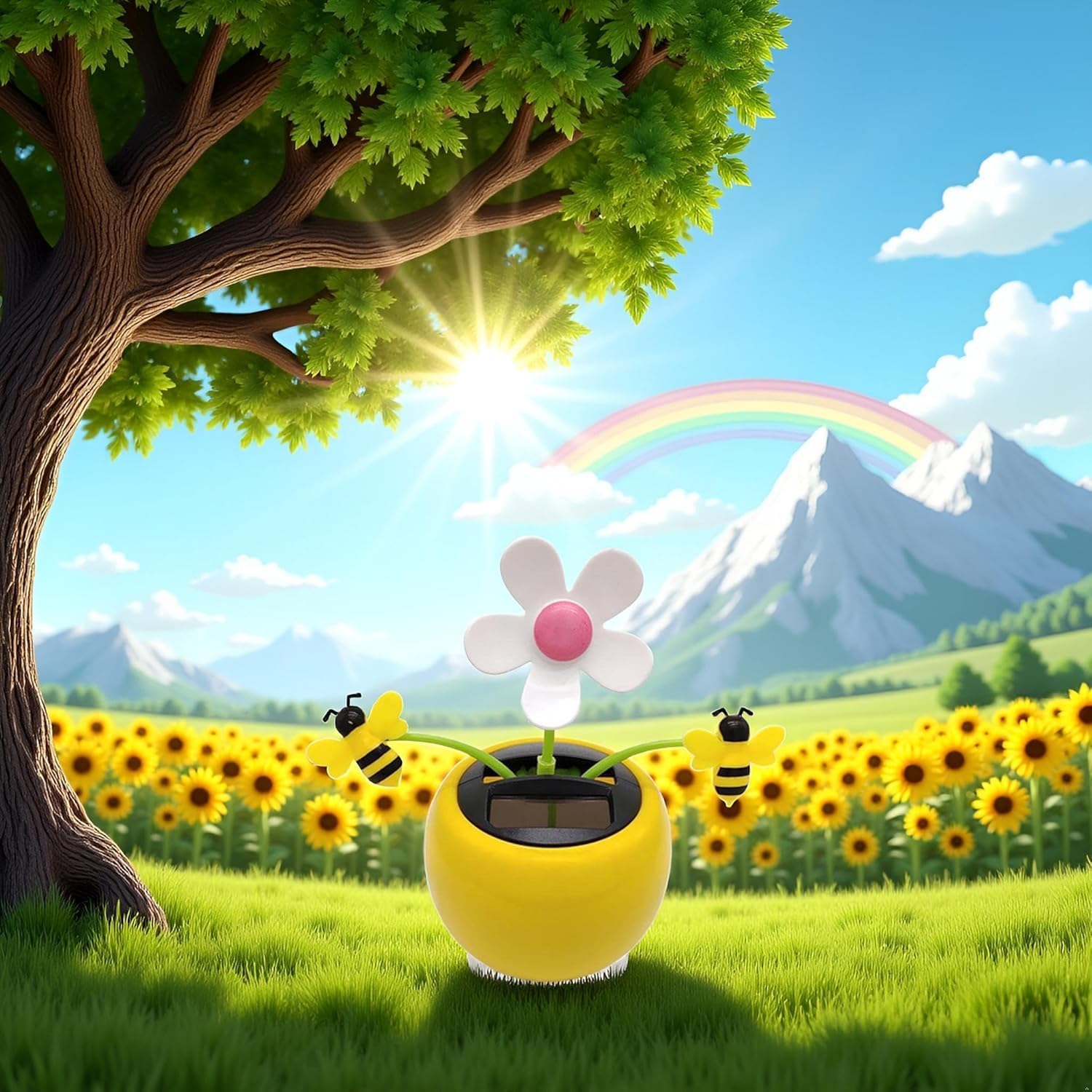 Solar Apple Blossom Bee Swinging Flower Ornament, Sunflower Windowsill Decoration with Dancing Honey Bee Toy