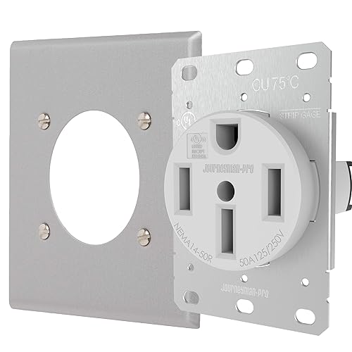 Journeyman-Pro NEMA 14-50 Receptáculo comercial de grado industrial aprobado por la U.L. de 50 amperios y 240 V con cubierta de acero inoxidable de