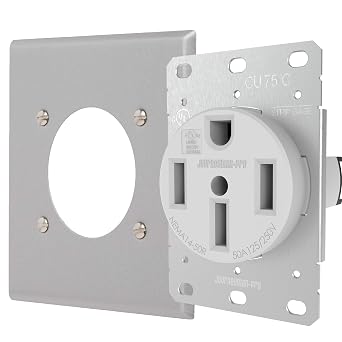 Journeyman-Pro NEMA 14-50 Commercial, Industrial Grade U.L. Approved 50 AMP 240V Receptacle w/ 2-Gang Stainless Steel Cover | 50A Wall Range Outlet,EV,RV, 125/250V White w/2-Gang SS Cover