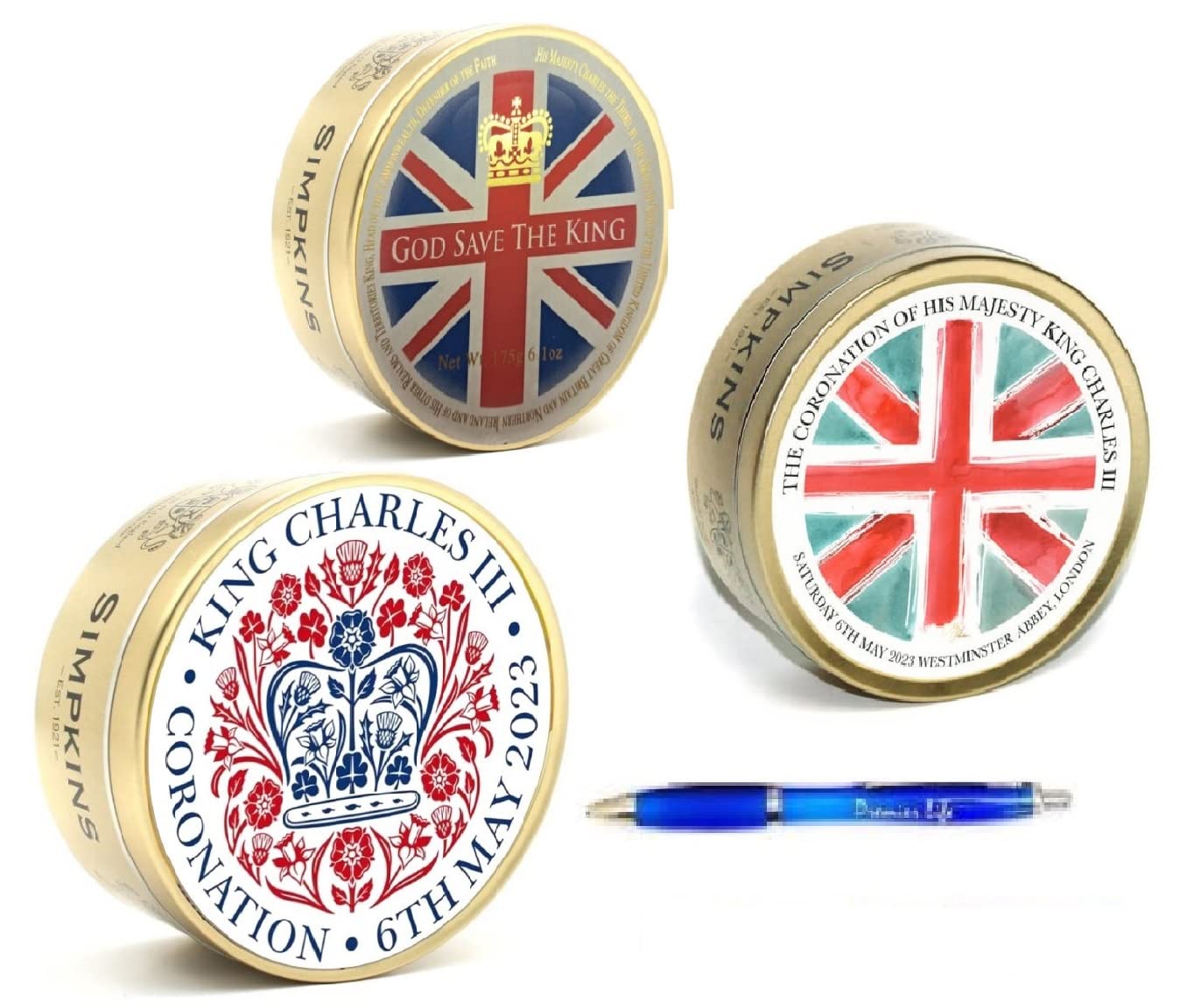 Coronation King Charles III Simpkins Mixed Fruit Tin - Variety Multi pack - Gluten free Assorted Fruit drops 175g | Pack of 3 With Premier Life Store Pen