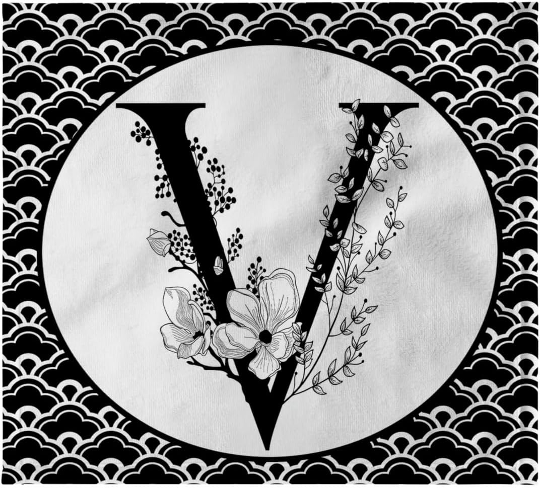 3dRose Black and White Floral Monogram V On Fancy Scallops 22x30 Bath Hand Pool Towel