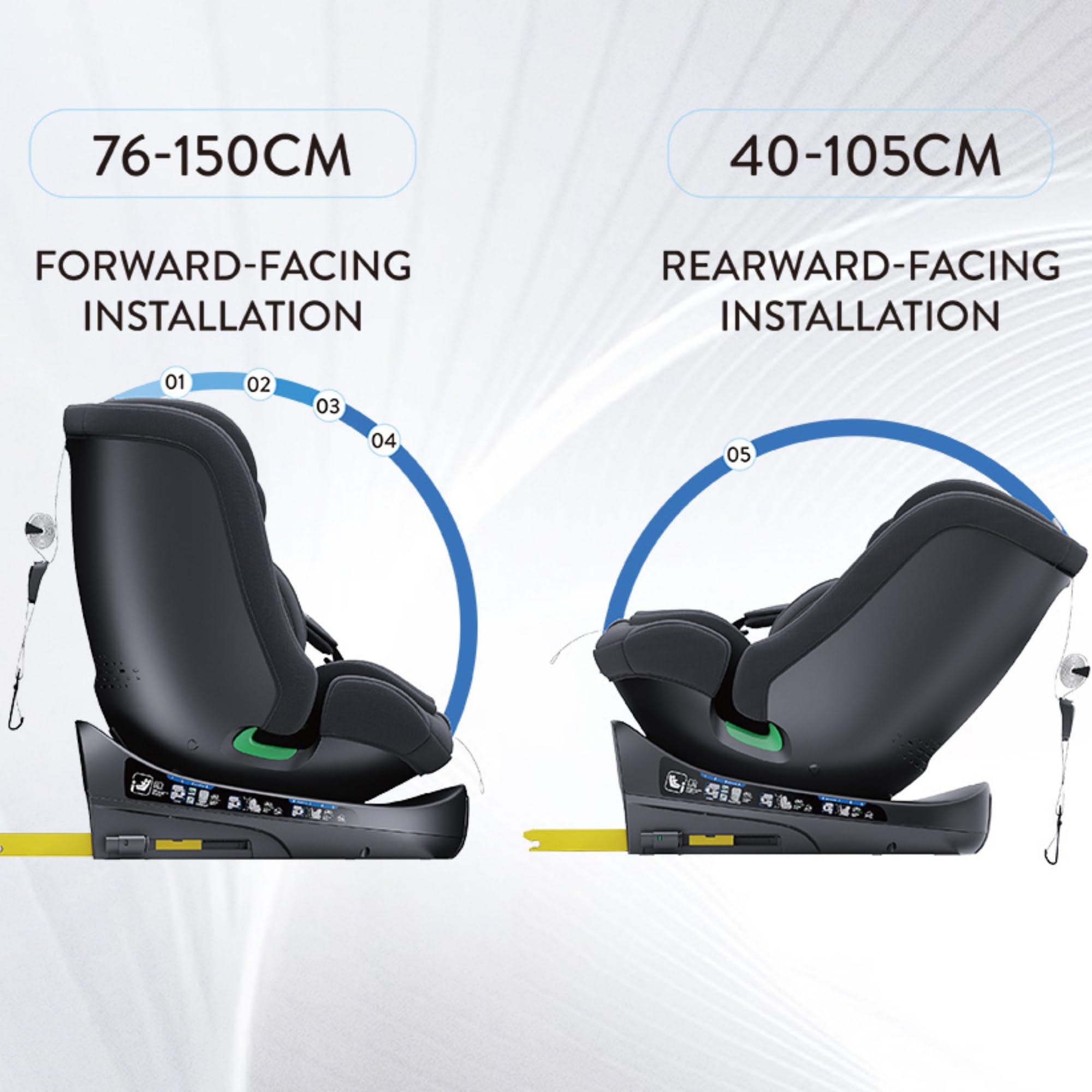 Asiento de coche para bebé, 360° giratorio de 0 a 36 kg escalable, I-SIZE 40-150 cm, desde el nacimiento y hasta 12 años aproximadamente, Grupo 0/1/2/3, Isofix, RWF, FWF, Protectores laterales (Grey)