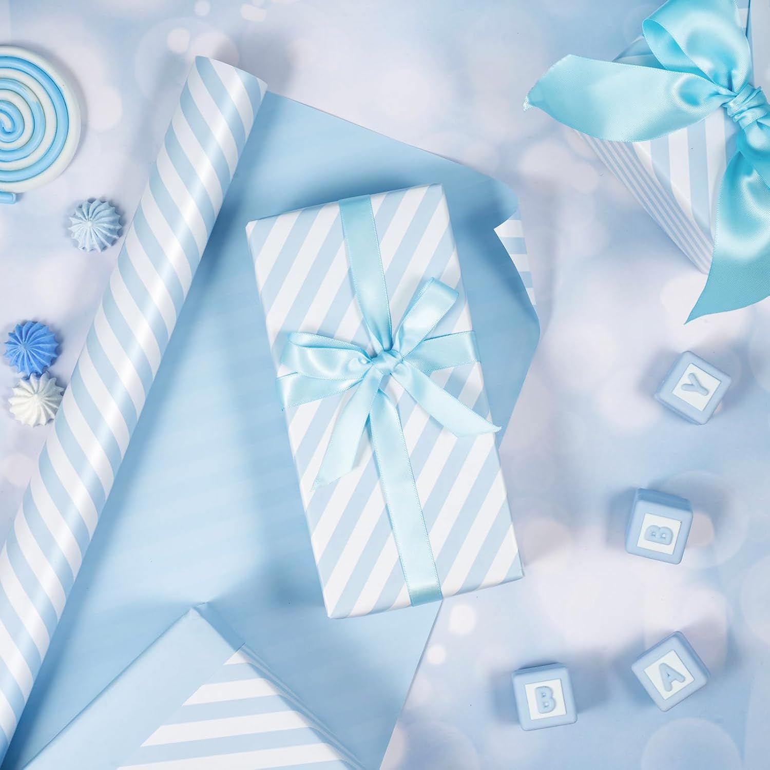 WRAPAHOLIC 30 Inch Reversible Baby Blue Wrapping Paper - Baby Blue and Stripes Wrapping Paper for Birthday, Holiday, Wedding, Baby Shower - 30 inch x 33 feet