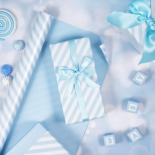 Miniatura 5 de WRAPAHOLIC Papel de regalo reversible azul bebé de 30 pulgadas, papel de regalo azul bebé y rayas para cumpleaños, vacaciones, bodas, baby shower,