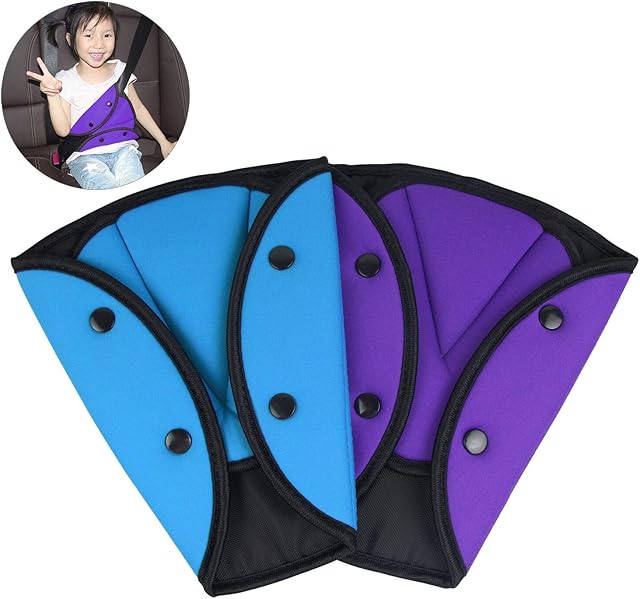 AK KYC 2 Pack Car Safety Kids Seatbelt Adjuster Cover Strap Mash Shoulder Pad Children Seat Belt Clips Purple + Blue