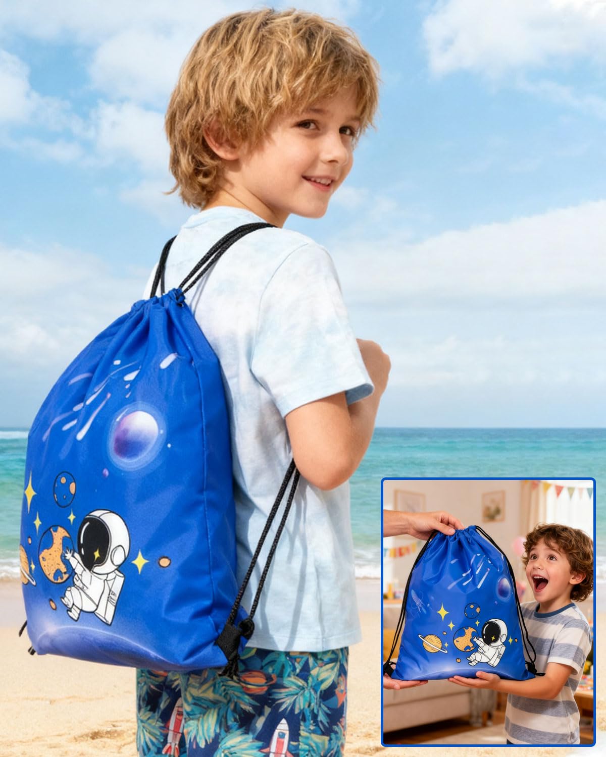 Sac à dos à Cordon pour Enfants -Sac de Sport et de Sport étanche Plage Natation École Voyage Sac à dos Cadeau d'Anniversaire avec Poche Zippée,sac piscine enfant,sac piscine