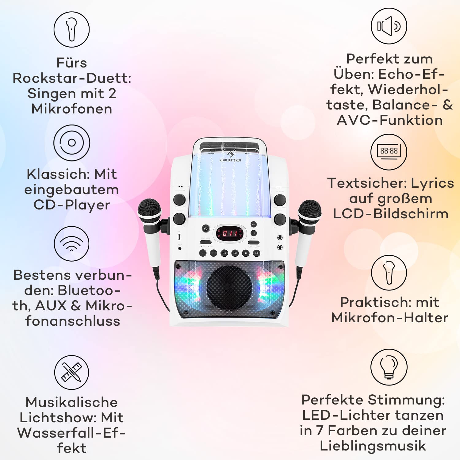 auna KTV Karaoke Musikbox mit Mikrofon, Bluetooth Karaoke-Maschine mit 2 Mikrofonen, CD Player & Lautsprecher, Partybox für Kinder & Erwachsene, LED-Display, Karaoke Anlage mit RCA-Video/AUX/USB