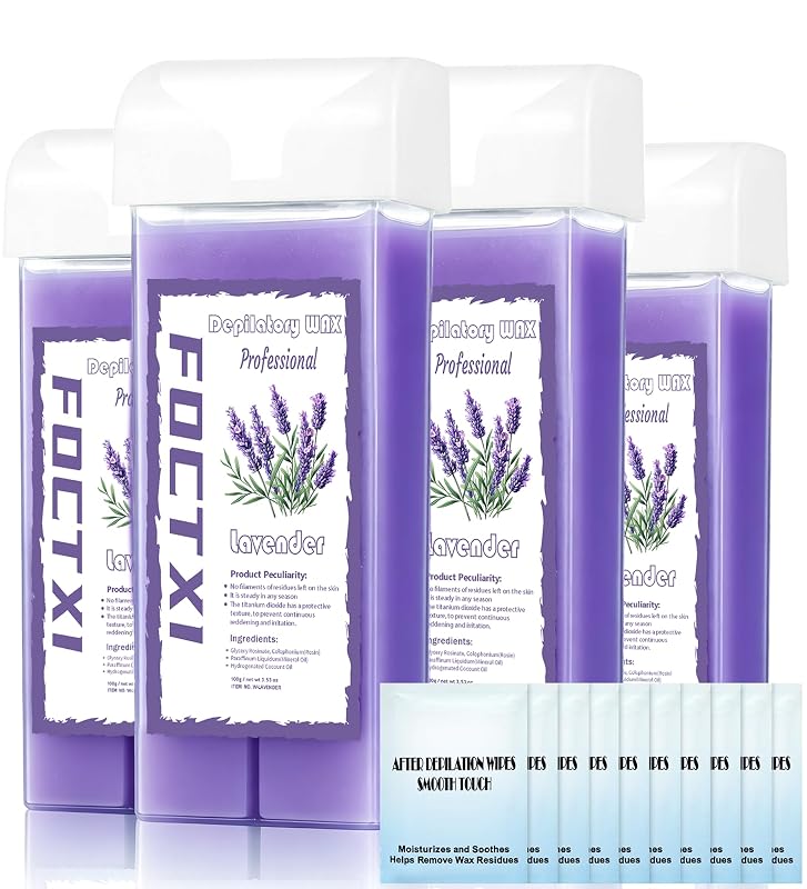 Kit de cera roll-on FOCTXI com 4 cartuchos de lavanda e 10 lenços com óleo de limpeza