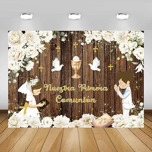 MEHOFOND Nuestra Primera Comunión Backdrop for Boy and Girl Siblings Baptism Christening Party Decor First Holy Communion Rustic Wood God Bless Supplies Banner Background Photo Booth Props 7x5ft