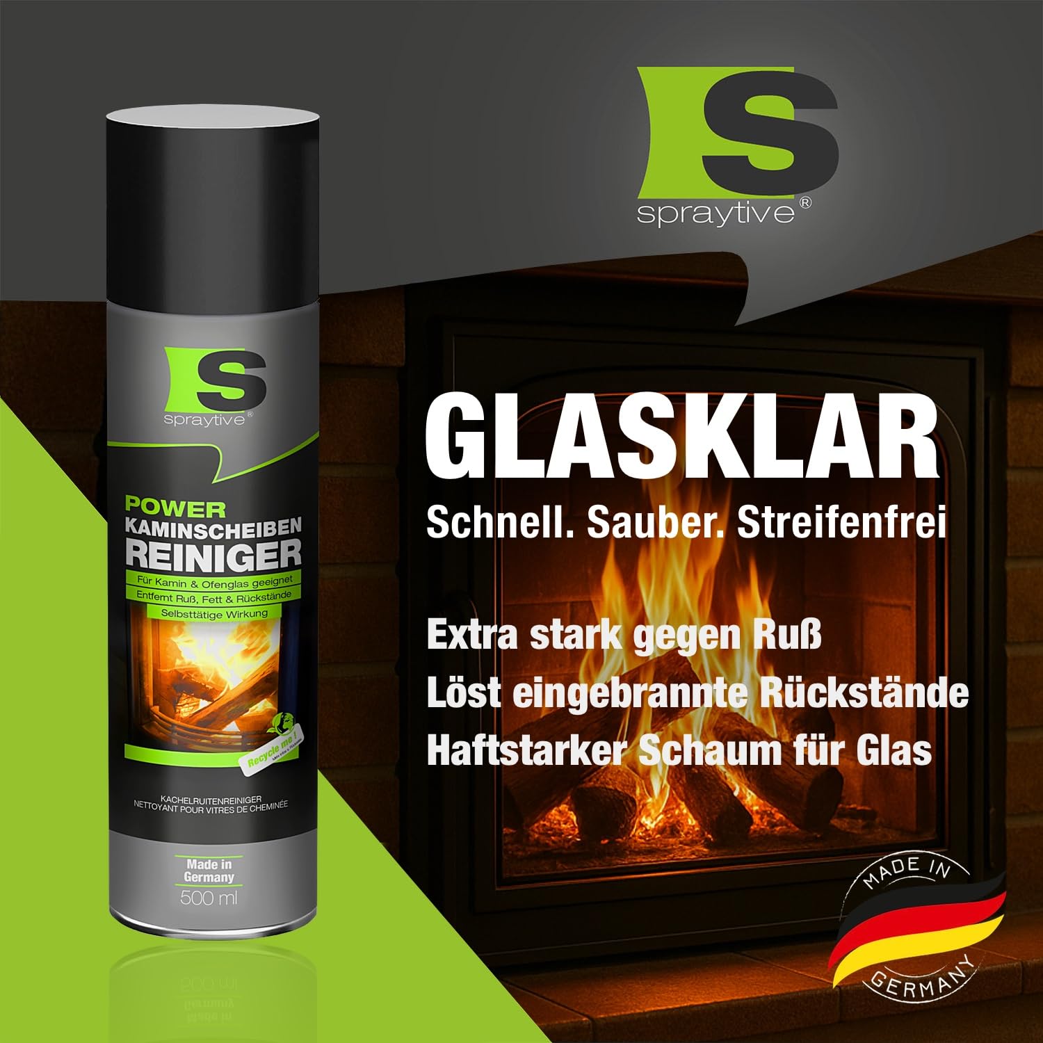 12 x 500 ml Power-Kaminscheibenreiniger – Aktivschaum-Spray für Kamin- & Ofenglas – entfernt Ruß, Fett & eingebrannte Rückstände selbsttätig – klare Sicht ohne Schrubben – Made in Germany