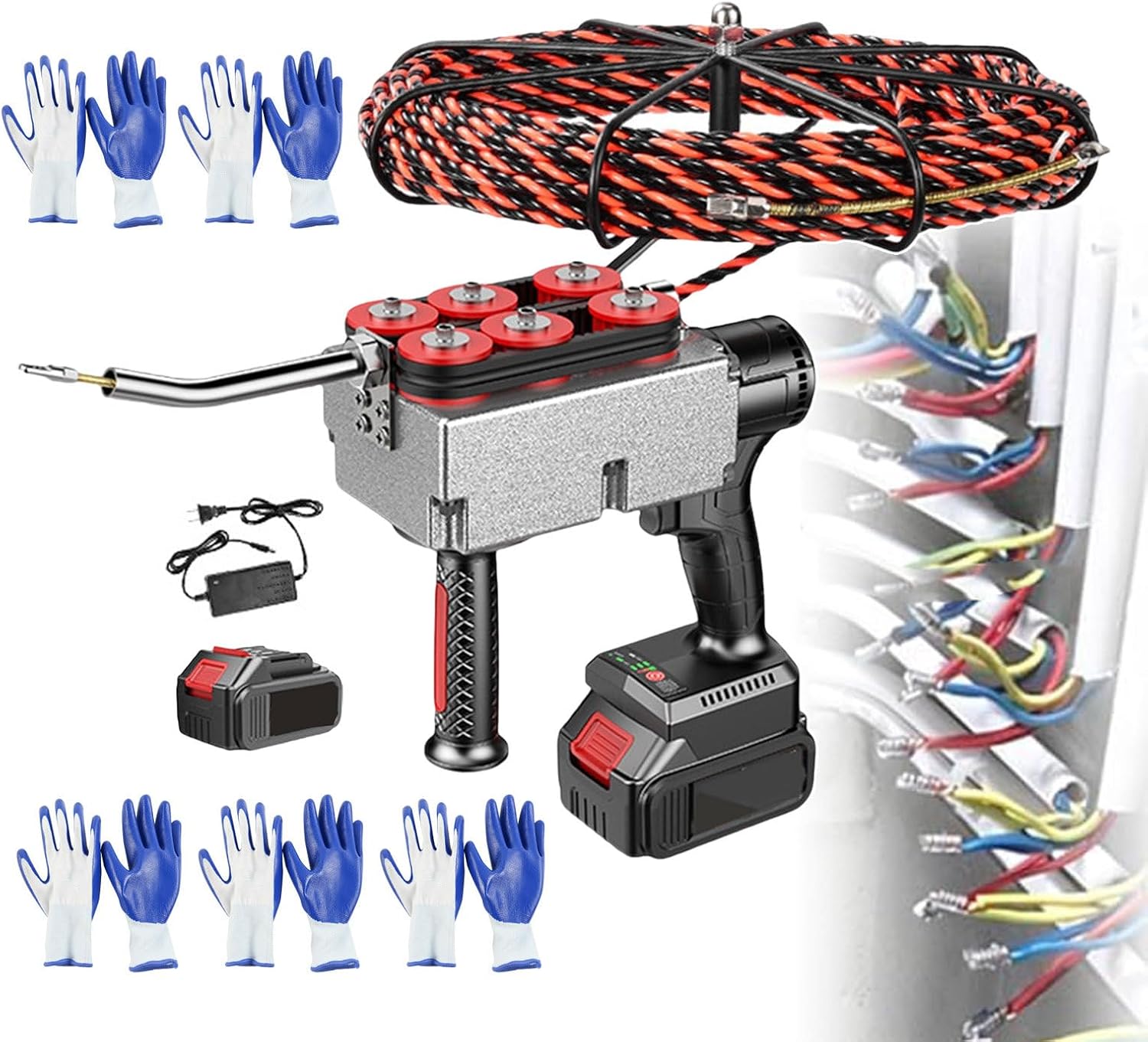 Power Tools For Inserting And Removing Wire, Pro Wall Threading Wire Machine, Power Tools For Pulling Cables, With 12 Gloves,1-Battery