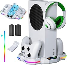 Cooling Fan Stand for Xbox Series S with RGB Light Strip, Wiilkac Upgraded Dual Controllers Charging Dock Accessories with 2 X 1400mAH Rechargeable Battery Pack, Headset Hook & USB Ports - White