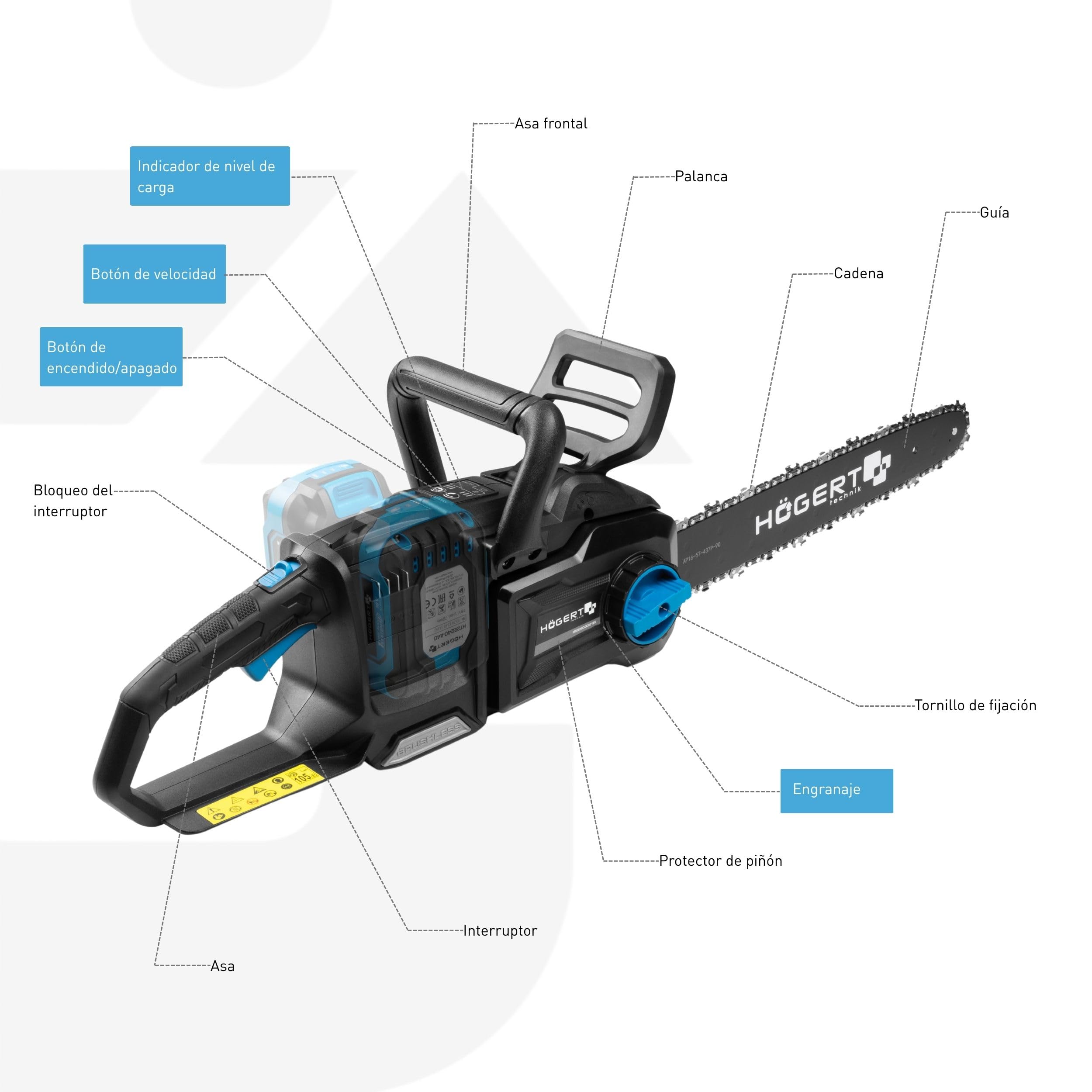 HÖGERT TECHNIK Motosierra a Batería 2x18V OneAccuSystem, motor sin escobillas, motosierra inalámbrica de 14 pulgadas, motosierra eléctrica para madera, leña y trabajos de jardín, sin batería
