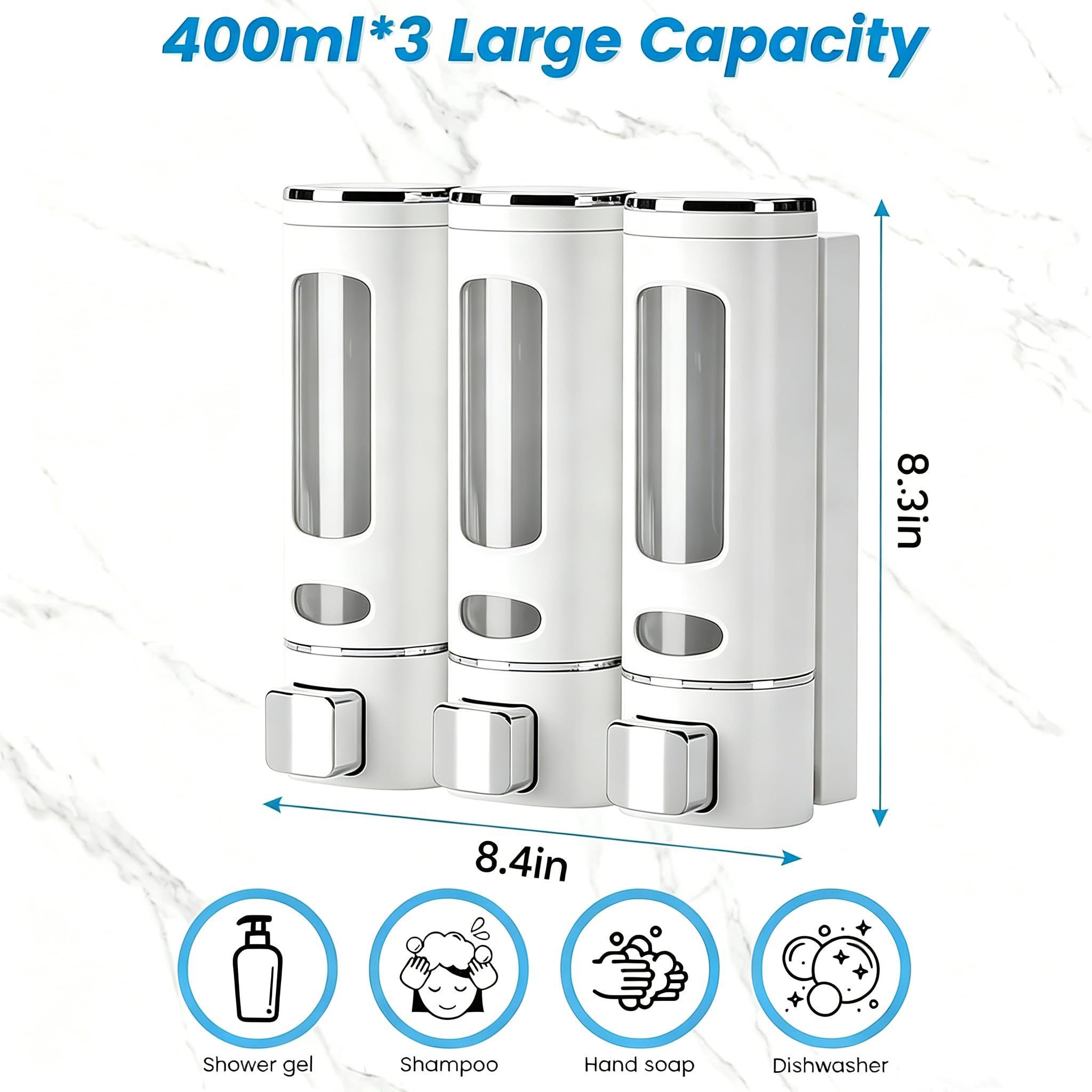 Distributeur de savon mural, 3 chambres, 400 ml, grande capacité, installation sans perçage pour gel douche, shampooing, après-shampoing et détergent à vaisselle, idéal pour salle de bain