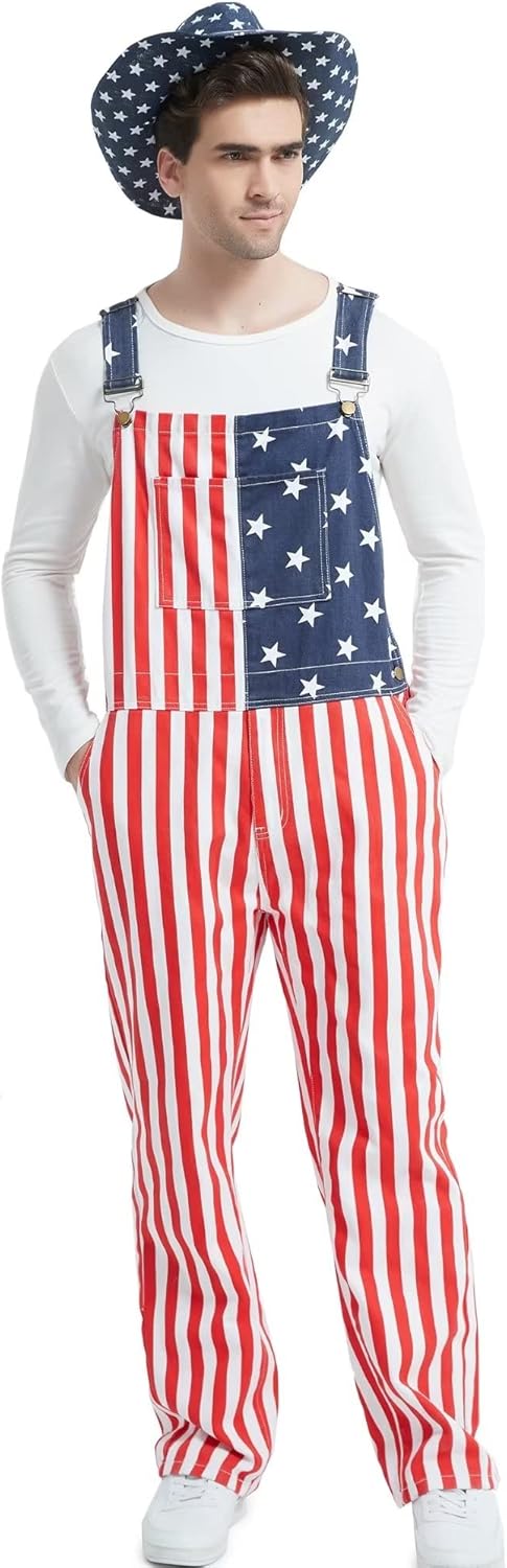 Men's American Flag Overalls Denim Bib 4th of July Patriotic USA Jumpsuit Adjustable Straps Red Striped Blue Star(Flag 3XL) - Image 4