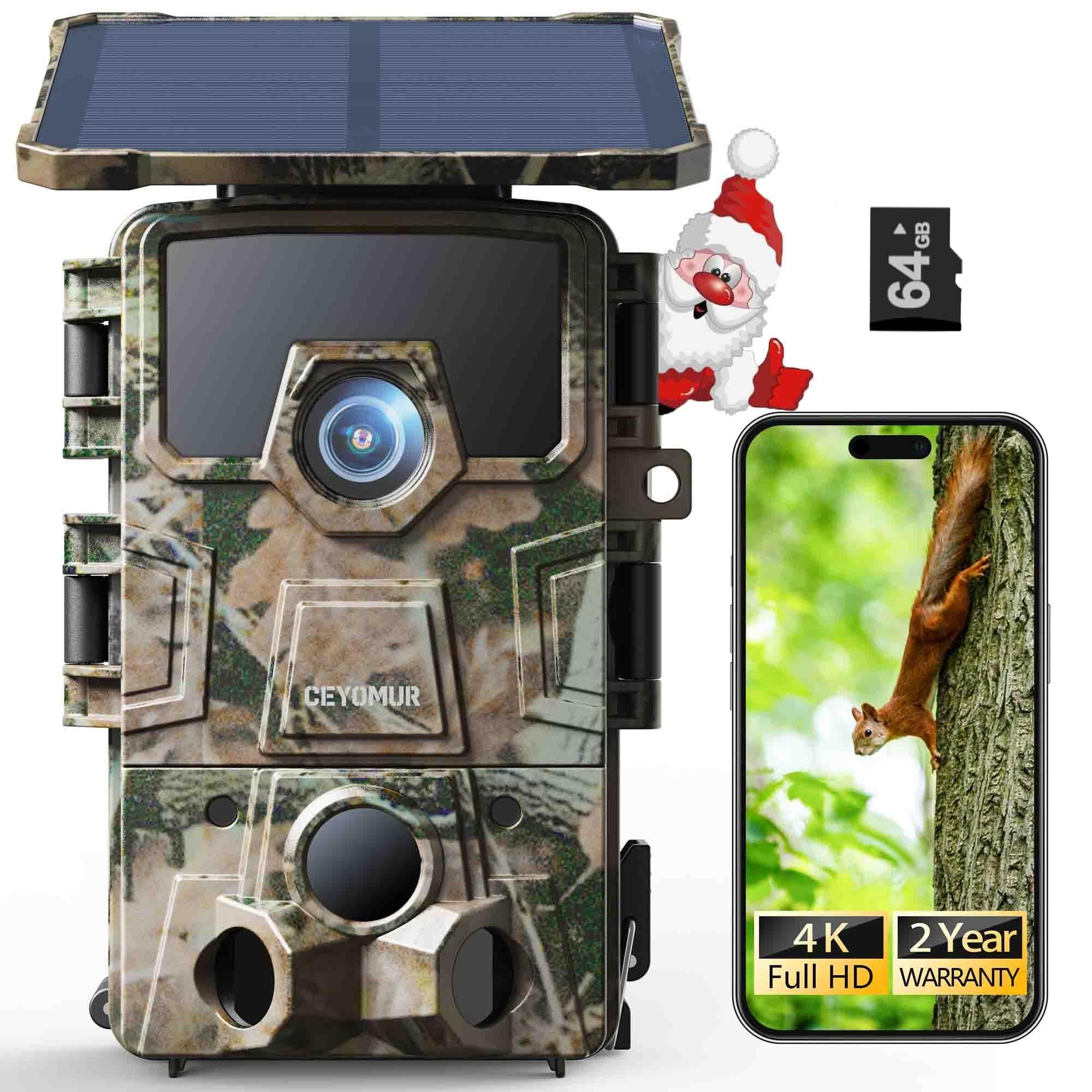 CEYOMUR 4K UHD Solar Wildlife Camera, WiFi 6 Trail Camera with 5200mAh Lithium Battery Rechargeable, Deer Camera with 64GB TF Card, 120° Detection Angle Night Vision Motion Activated