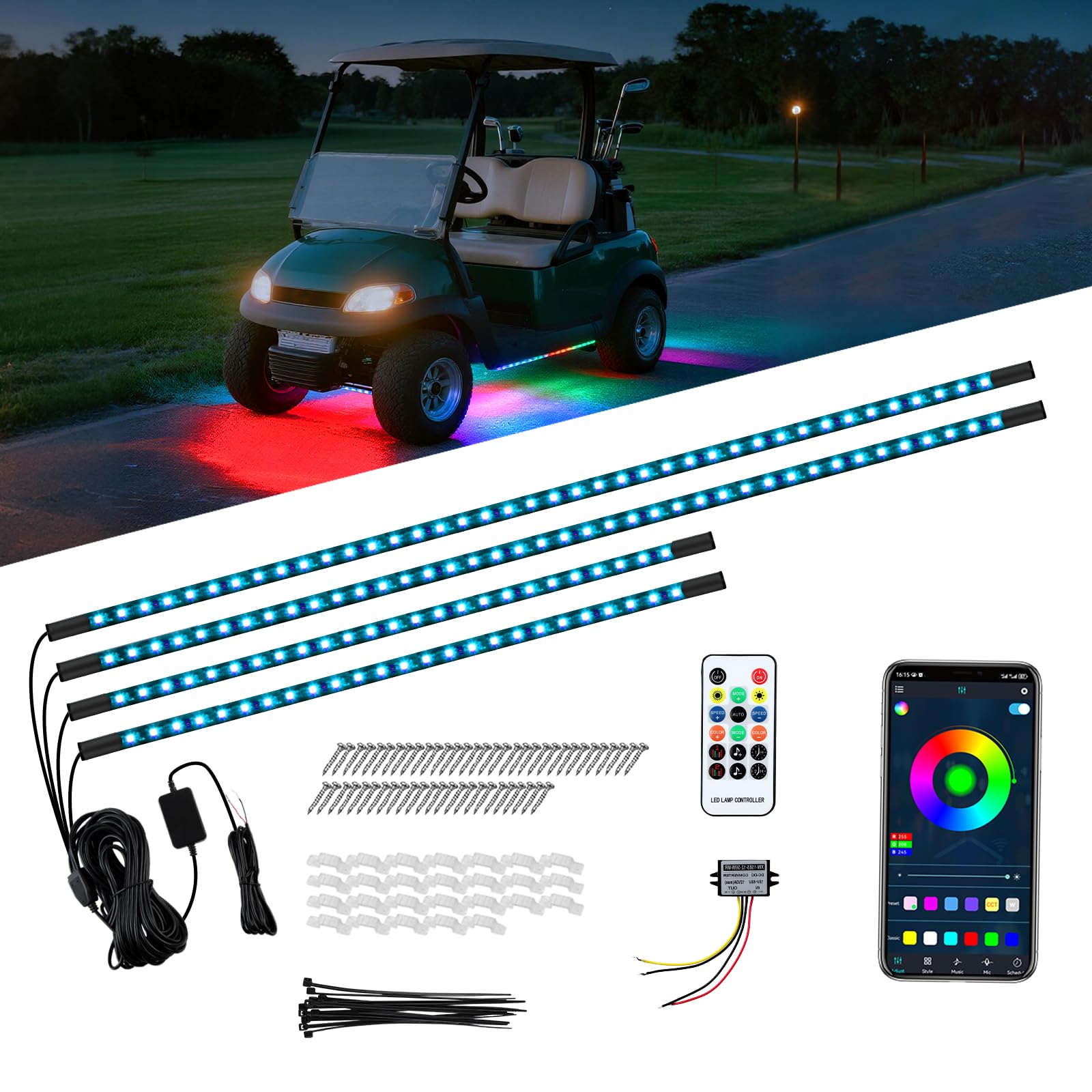 iLSKW Golf Cart Underglow LED Light Strip 4pcs, Golf Cart Underbody Light Kit Remote Control for EZGO Yamaha Club Car 12V-80V Input 4pcs
