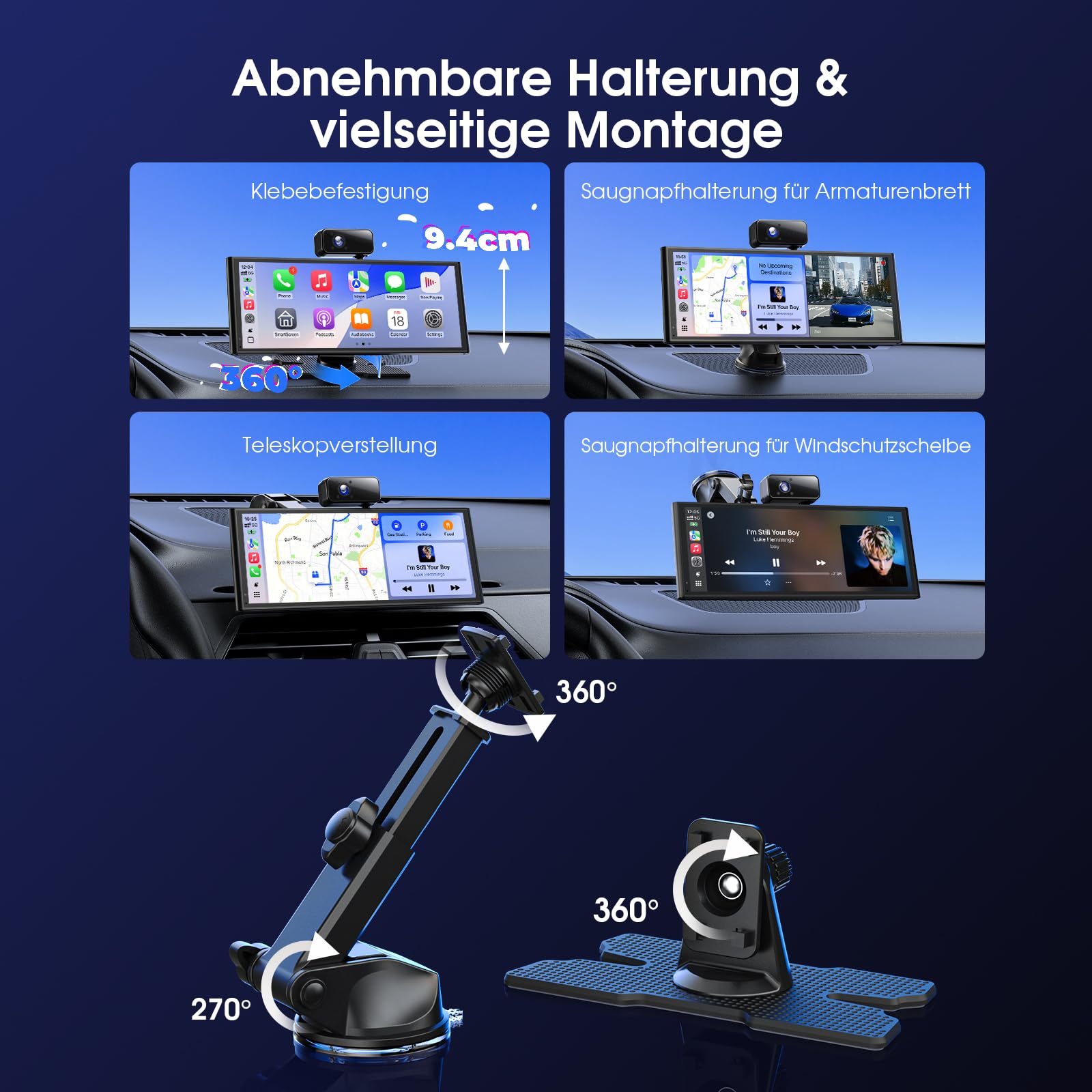 Avylet 10,26" 60FPS CarPlay Display mit 4K/1080P 3-Kanal-Videoaufnahme, kompatibel mit Apple CarPlay/Android Auto, 64GB Karte, OTA-Updates, GPS, Mirror Link, Sprachsteuerung, Bluetooth/AUX/FM