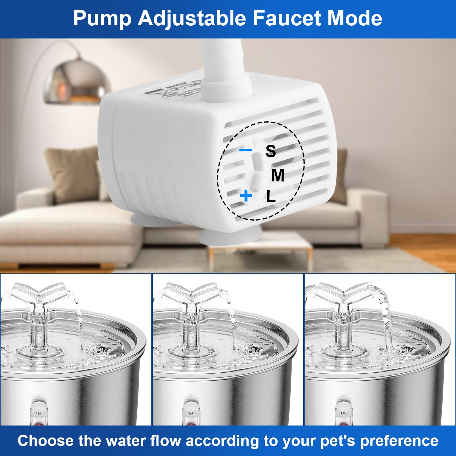 Cat Water Fountain Stainless Steel, 67oz/2L Pet Water Fountain Ultra Quiet Pump Cat Automatic Water Dispenser 3 Flow Modes for Inside Cats Small Dogs Puppies Multiple Pets Watering Supplies - image 5