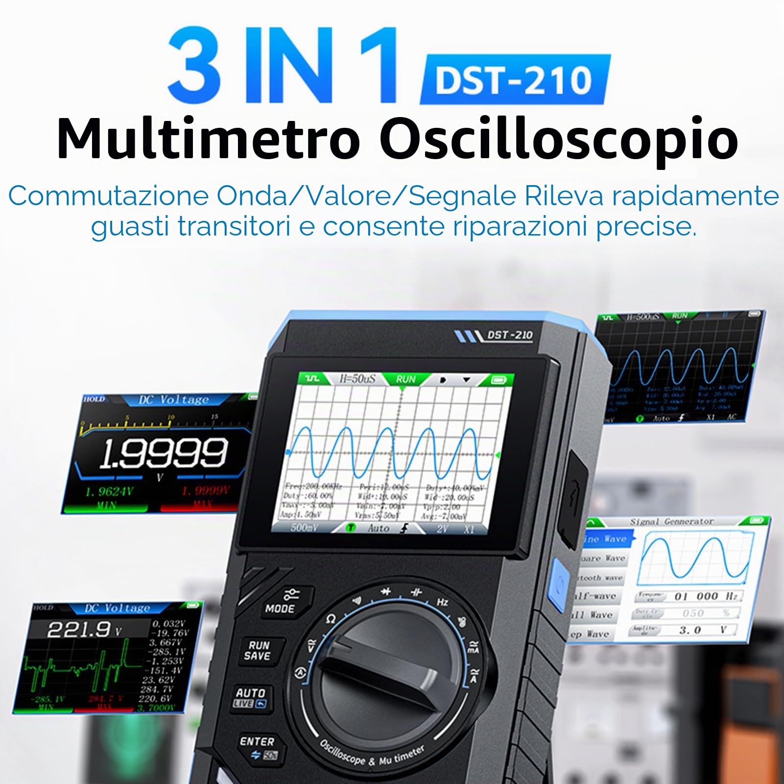 DST-210 Oscilloscopio Portatile Multimetro Digitale Generatore di Segnali 3 in 1 Multimetro Tester Elettricista 19999 Conteggi Testa Tensione CA/CC, Corrente, Capacità, Resistenza e Diodi