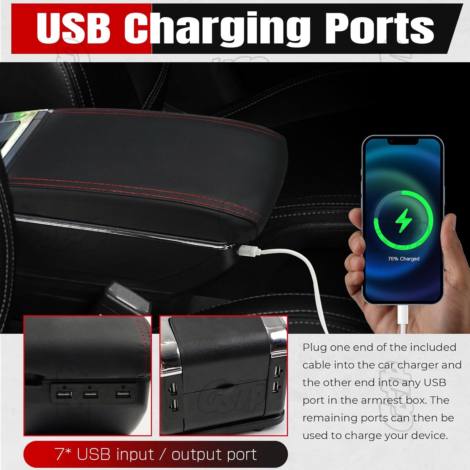 Center Console Armrest Compatible with Mini Cooper Coupe R50 R52 R53 R56 R57 R58 F55 F56 F57 Countryman with 7 USB Port Cup Holder Double Layer Organizer Storage Box (Black with Red Line)