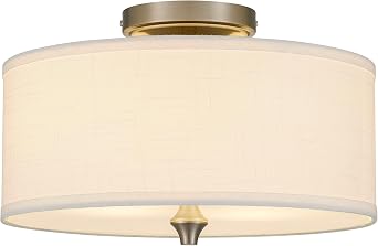 Kira Home Newport 14" Modern Drum Semi Flush Mount for Hallway, Kitchen | Off-white Fabric Drum Shade, Tempered Glass Diffuser, 2-light Ceiling Light, Brushed Nickel Finish