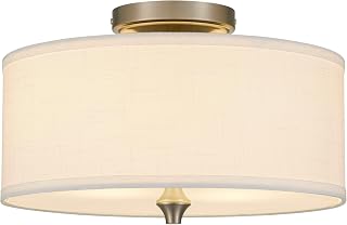 Kira Home Newport 14" Modern Drum Semi Flush Mount for Hallway, Kitchen | Off-white Fabric Drum Shade, Tempered Glass Diffuser, 2-light Ceiling Light, Brushed Nickel Finish