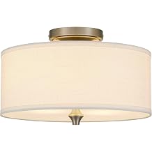 Kira Home Newport 14" 2-Light Semi-Flush Mount Ceiling Light + Off White Linen Drum Shade, Brushed Nickel Finish