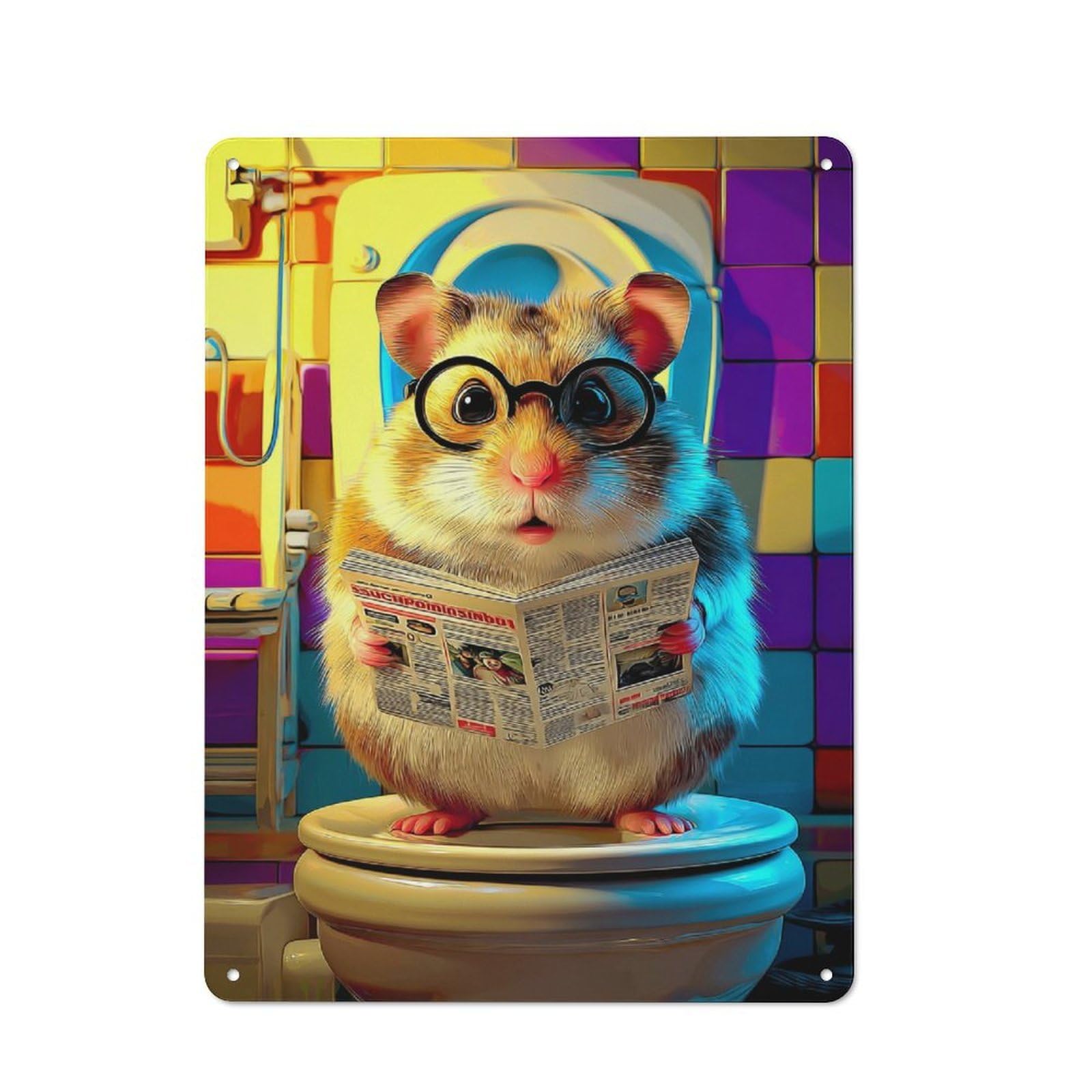 Junmoney Hamster Reading Newspaper On Toilet-4 Warehouse Style Tin Wall Sign 40X30cm Featuring Loft Wall Plaque For Loft, Studio, Office Or Creative Room
