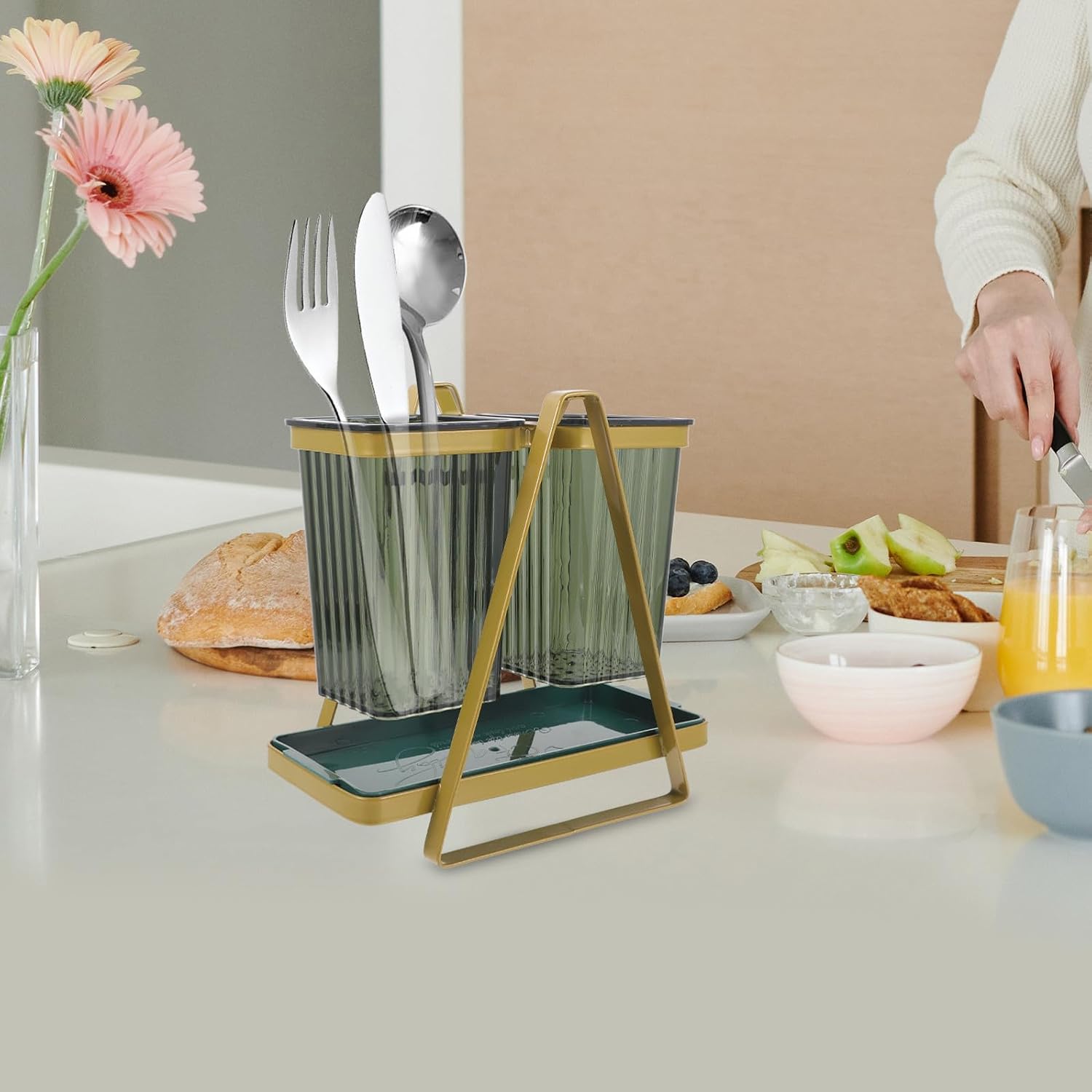 BESPORTBLE Wall Mount Chopstick Holder and Cutlery Draining Rack, Multifunctional Kitchen Utensil Storage Container in Gold, Reusable Utensil Organizer for Countertop and Wall, Daily Use